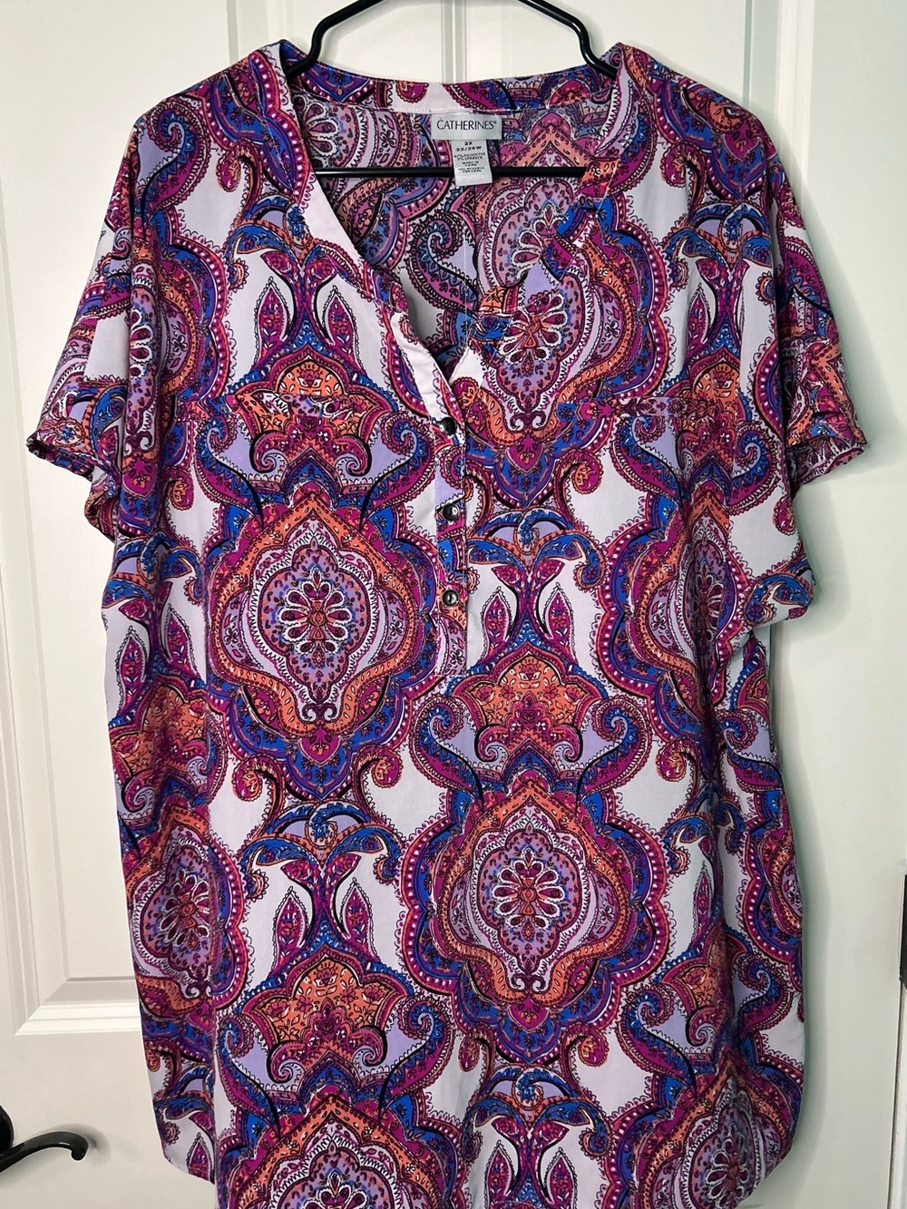 Catherines Boho Paisley Popover Tunic Blouse Sz 2XL Split V-Neck